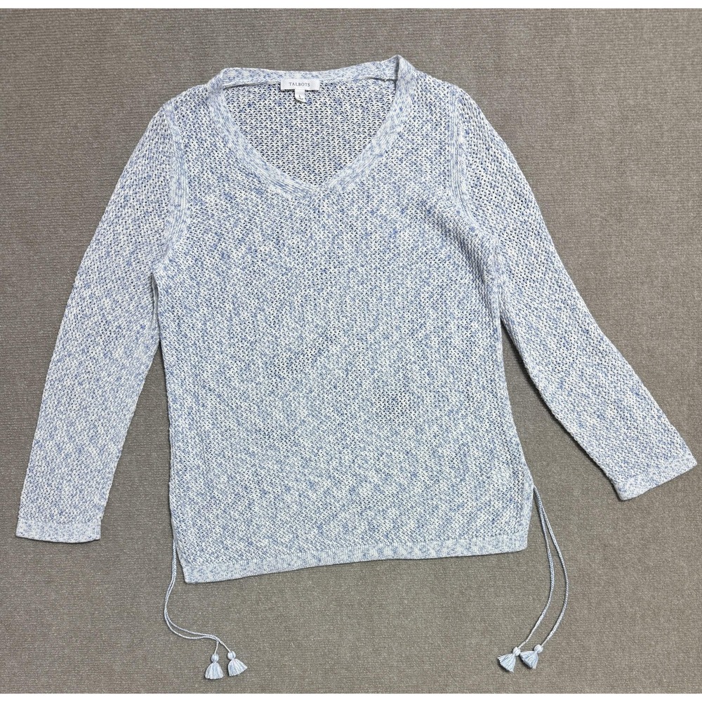 Talbots Sweater Womens Large‎ Blue White Tassel Pullover Lightweight Cotton Top